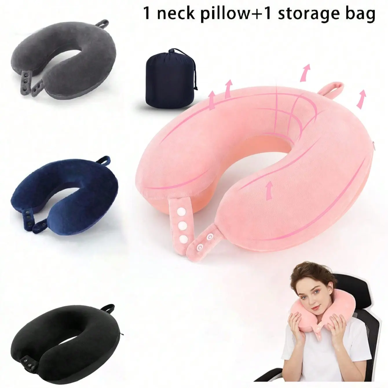 Travel Neck Pillow with Storage Bag, Best Memory Foam Airplane Pillow, Adjustable Head Support, Travel Neck Cushion, Suitable for Plane, Car, Home Chair