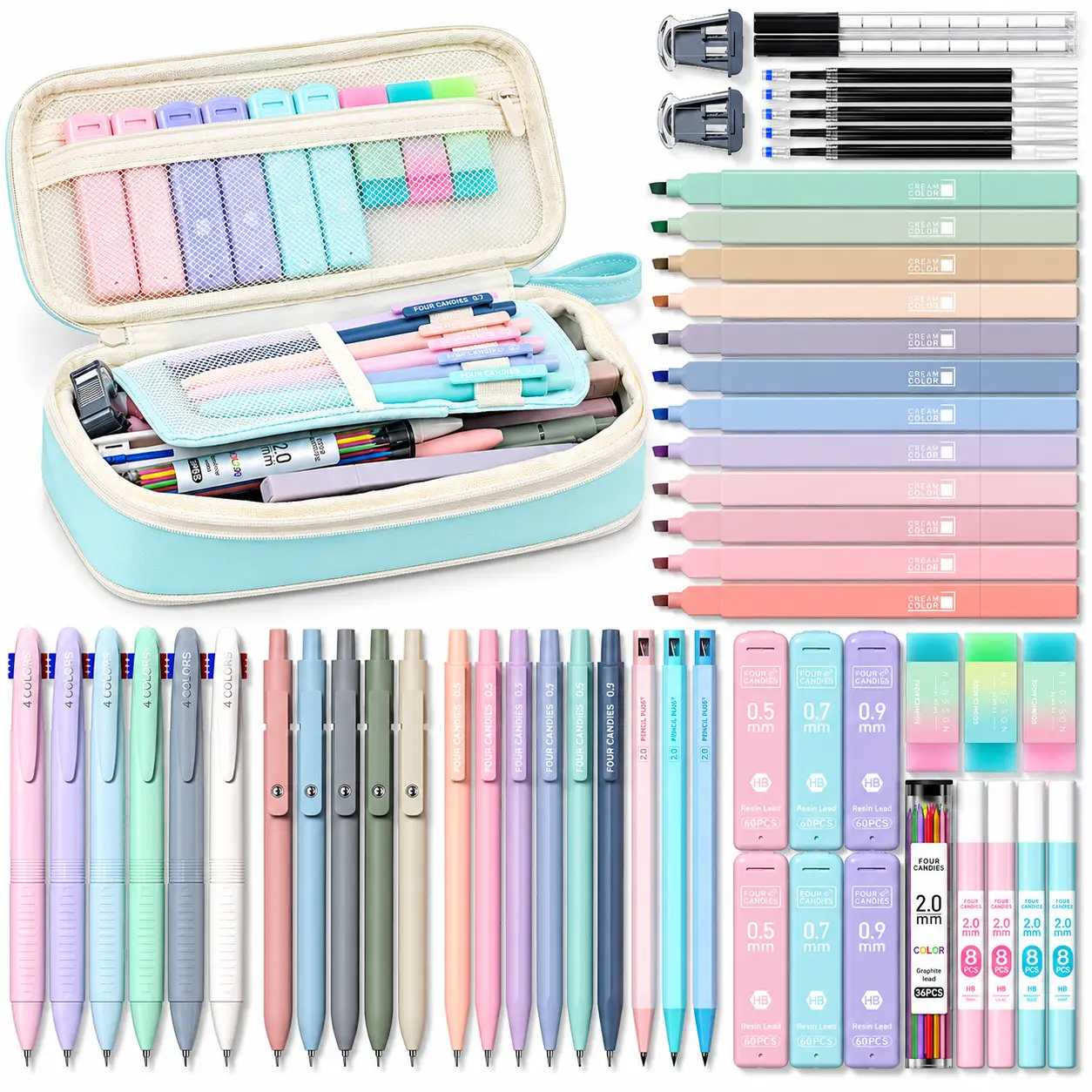 Four Candies 56 PCS Stationary Set with Pencil Case, School Supplies, 6 Multicolor Pens, 12 Pastel Highlighters, 5 Gel Pens, 9 Mechanical Pencils, Stationery Supplies for Students Nursing Office