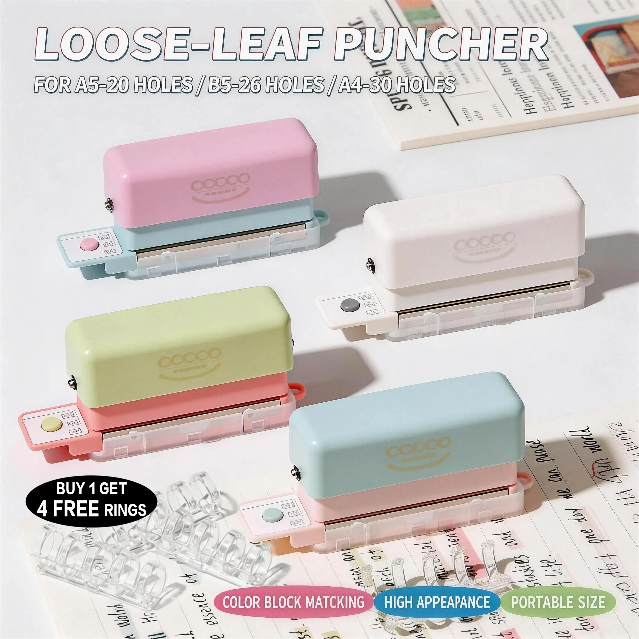 ✨Buy 1 Get 4 FREE Rings✨ Aesthetic Dopamine 5-Hole Paper Puncher | Mini Portable Loose Leaf Punch for A4 A5 B5 Notebooks | DIY Journaling Must-Have 💖 Smooth Hole Puncher