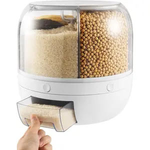 Ageanbri Grain Storage Container Dispenser 6 Grids Rotating 360° Clear PET & ABS Kitchen Rice Bean Dispenser with Measuring Cup Handle One-Touch Output - Utensils