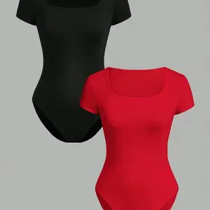 Women's Solid Color Square Neck Bodysuit, Casual Comfy Short Sleeve Bodysuit for Daily Wear, Ladies Clothes for All Seasons