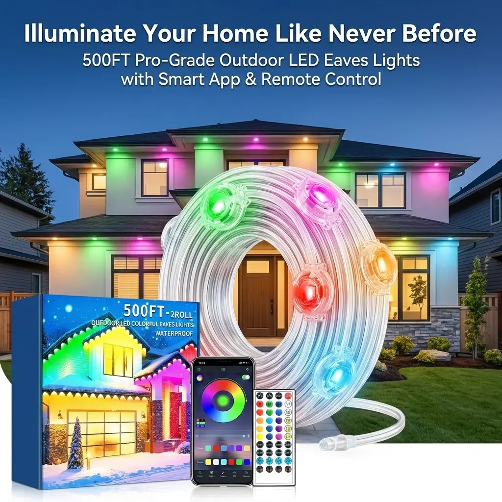RGB Permanent LED Eave Lights, 2 Rolls, IP65 Waterproof, Bluetooth App Remote, Music Sync Timer, Outdoor Roof Lights for Home Eaves, Christmas, Halloween, Year-Round Decoration, Available in 300FT, 400FT, or 500FT house