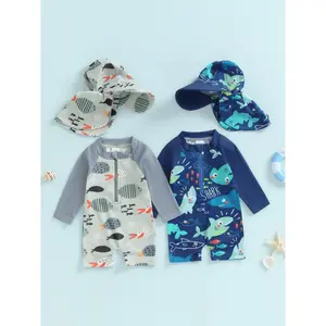 Toddler Baby Boy Rash Guard Swimsuit with Hat 2 Pcs Set Fish Shark Pattern Zip Up Long Sleeve Crew Neck Kids Boy Swimwears