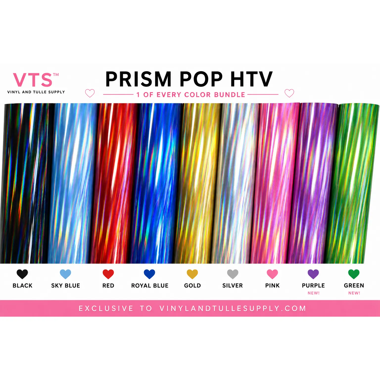 VTS™ Prismic Pop HTV Sheets - 3D Holographic Heat Transfer Vinyl Colorful Bundle, 9PK DIY Hobby Crafting Assortment (1 of Each Color)
