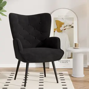 Mid Century Modern Velvet Accent Chair - Black Tufted Wingback Armchair with Metal Legs, Ergonomic High Back Reading Chair for Living Room, Bedroom, Office