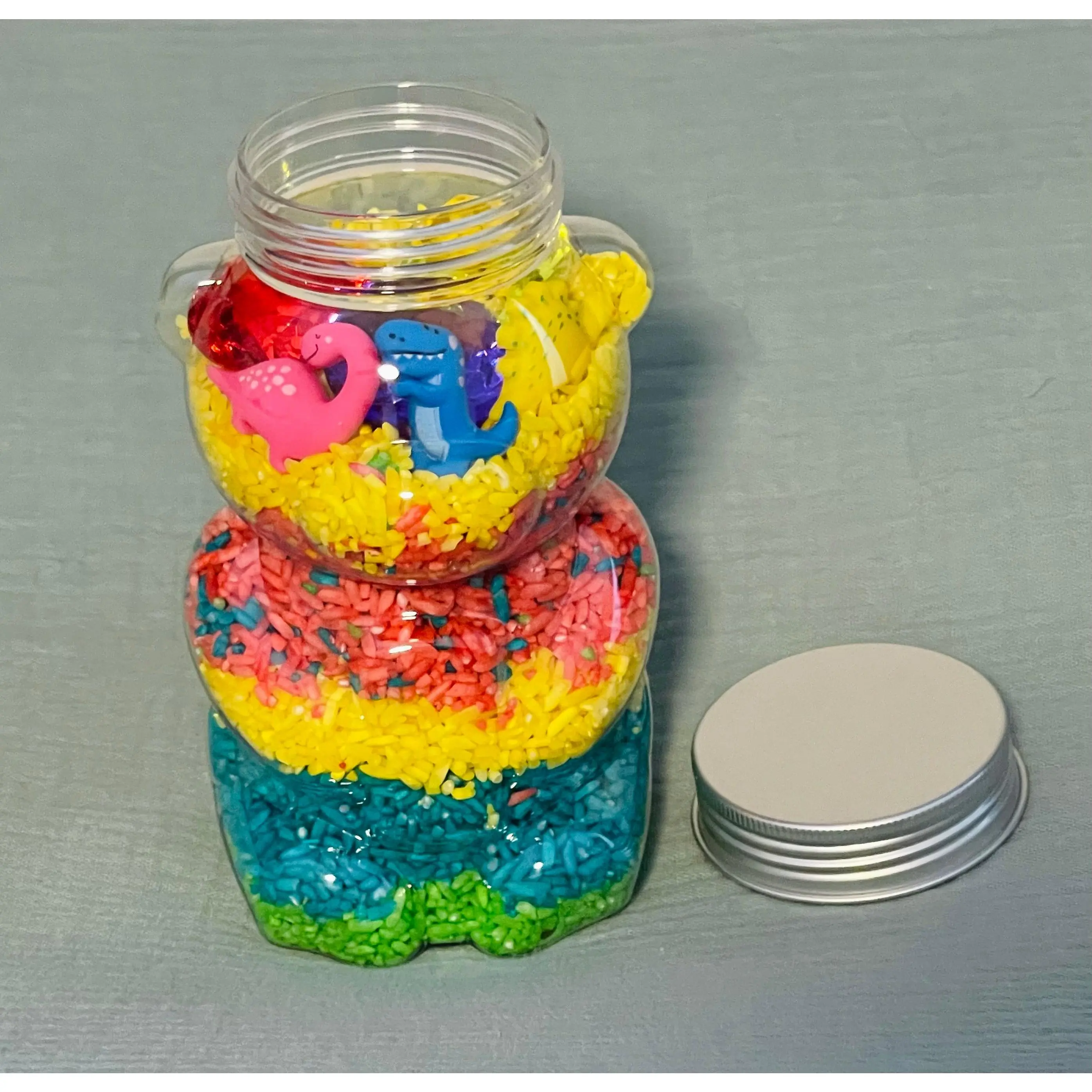 Dino themed sensory rice Bear Jar