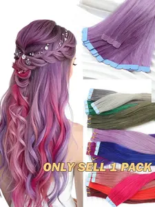 10 pcs colorful mini tape ​​hair extensions, Hair Trends-Real human hair colored invisible tape ​​hair extensions，30.48-50.8 cm Party Colors Hair Extensions for Women, Colorful Tape-In Highlight Hair Extensions, Double-Sided Adhesive,Y2K Style.