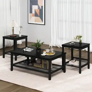 Coffee Table Set Of 3, Industrial Coffee Table With 2 Square End Side Tables, Living Room Table Set With Metal Frame For Apartment Home Office