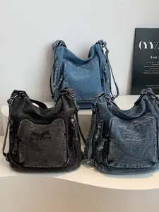 Vintage Washed Denim Backpack, American Retro Korean Style, Multi-Use Large Capacity, Adjustable Strap, Unisex, Daily Outing Bag