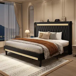 SHA CERLIN LED Bed Frame with Velvet Upholstered Diamond-Tufted Headboard,Platform Bed Base with Outlets【No Mattress】Full/King/Queen Bed Frame,No Box Spring Needed#ChristmasGifts#TikTokShopBlackFriday