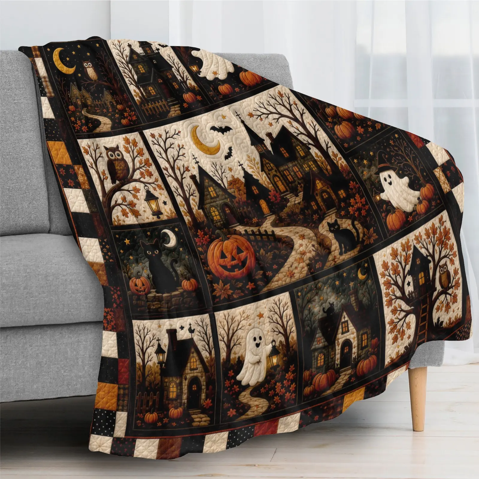 Vintage Quilted Halloween Flannel Throw Blanket, Haunted House-Owl-Ghost-Black Cat-Pumpkin Print, Rustic Farmhouse Autumn Decor, Cozy Seasonal Home Gift