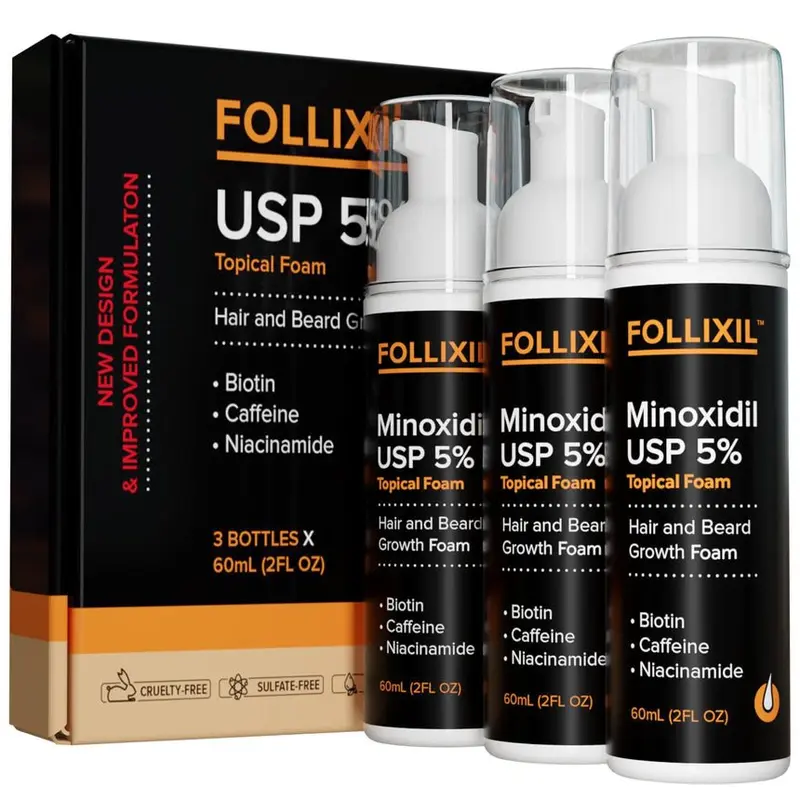 Follixil 5% Minoxidil Foam – Infused with Biotin, Niacinamide & Caffeine – Extra Strength Hair Regrowth Treatment for Thinning Hair & Bald Spots – Fast-Drying, Non-Greasy Formula - 3 Months Supply