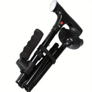 Twin Grip Folding Cane - Adjustable, Portable, Secure |   LED Lights, SOS Alarm, Double Handle Black Healthcare Stick Tool Equipment