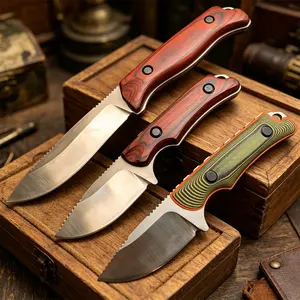 Men's Gift Outdoor Fixed Blade Knife, Saddle Mountain 15002 Hidden Canyon Hunter 15017, 8Cr13MoV/CPM-S30V Blade Wooden Handle, Portable Leather Sheath for Fishing & Daily Use