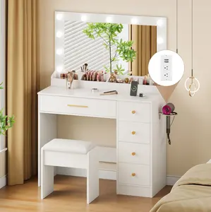 LAKEMID Vanity Desk Set with Large LED Mirror | Makeup Table with 5 Drawers, Stool, 2 AC Outlets & USB Ports, Adjustable Lighting | Modern Dressing Table with Ample Storage, White