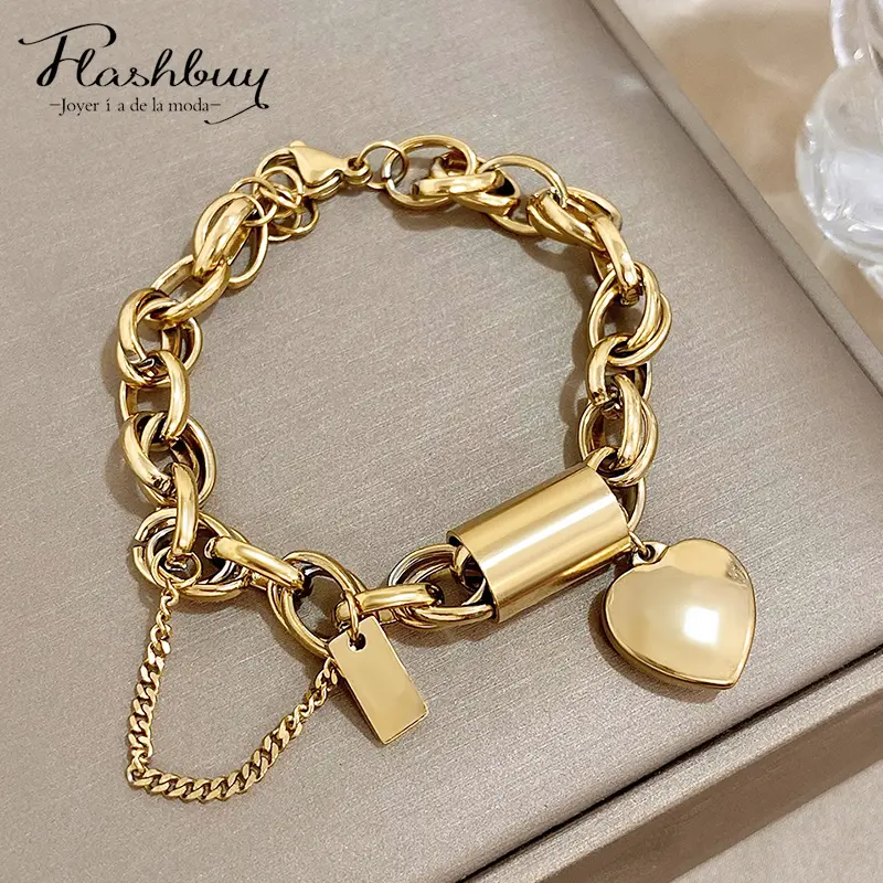 Chunky Gold-Tone Chain Bracelet for Women, Punk Stainless Steel with Heart Pendant, Stackable Fashion Wrist Jewelry Gift, Gold Bracelet Stack, Chain Jewelry Bracelets & Bangles