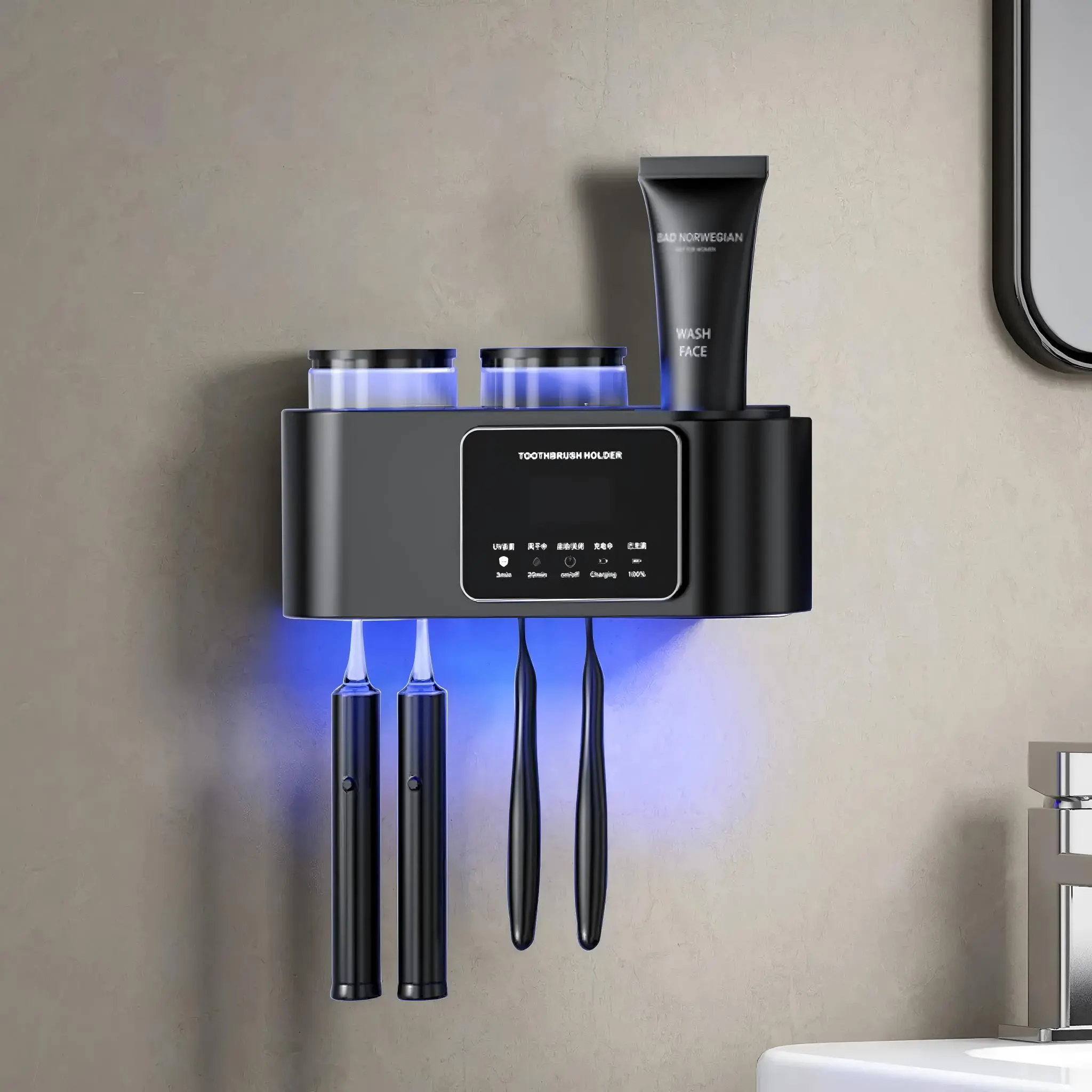 Wall Mounted Toothbrush Holder with 2 Tooth Cups and Smart Sterilizer, Bathroom Toothbrush Protection for Effective Cleaning and Drying, Toothbrushes Black/White summervibes