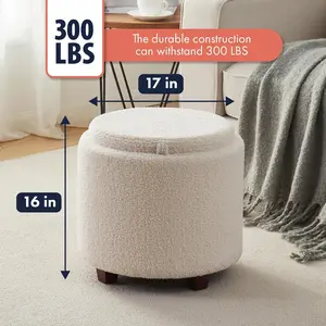Ornavo Home Lawrence Round Boucle Storage Ottoman with Lift Off Lid and Tray Lid Coffee Table, Ottoman with Storage for Living Room, Bedroom and Office, Boucle White