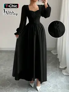 Aliling Women's Lady Elegant Chic Formal Fitted Long Dress, Square Neck Bubble Sleeves, Waist Tie Design, Perfect for Parties & Dates, Fall Winter Fashion