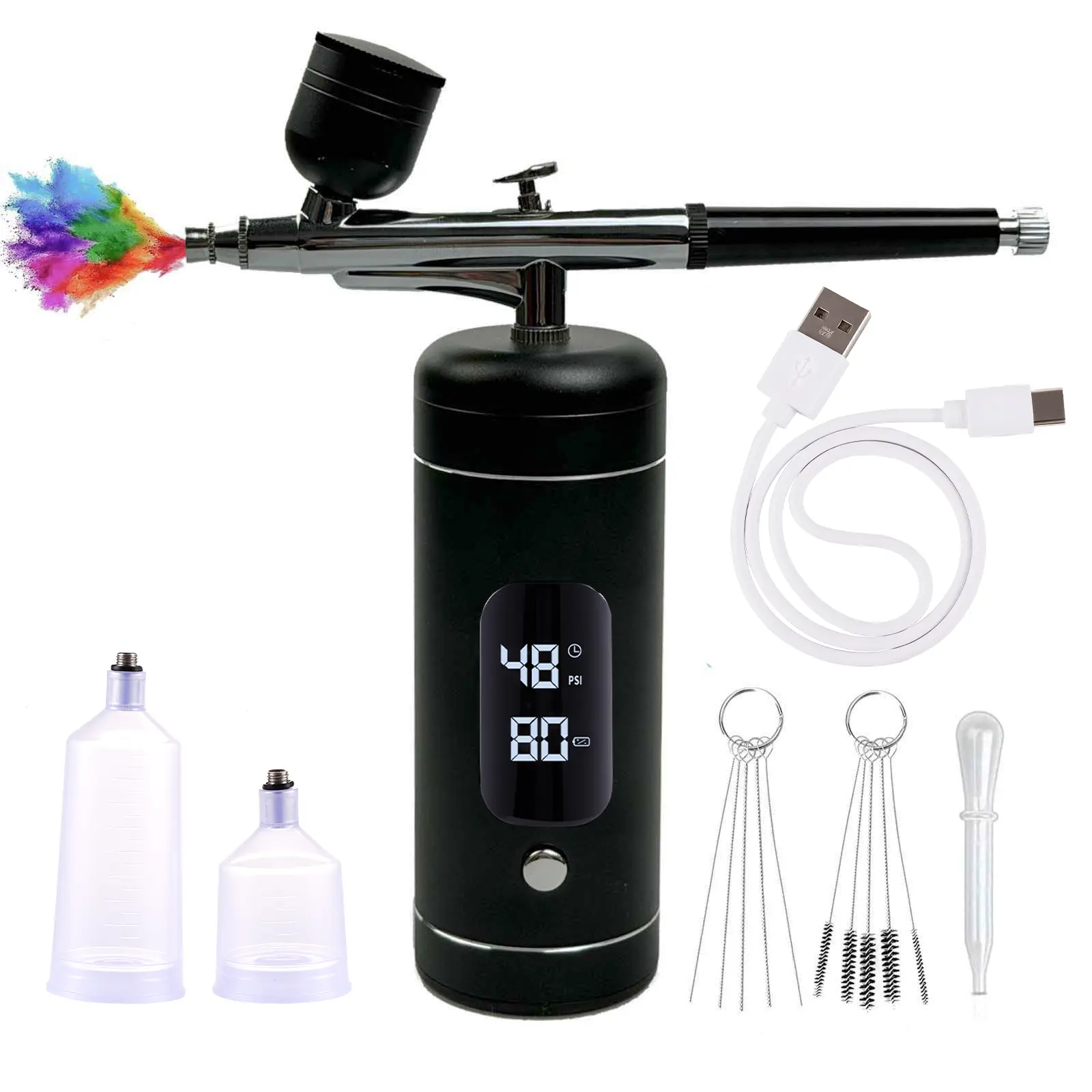 Portable pneumatic spray gun kit, including compressor, pneumatic spray gun, high-pressure nozzle and cleaning brush, suitable for painting, tattooing, nail art, makeup, crafts and cake decorating.