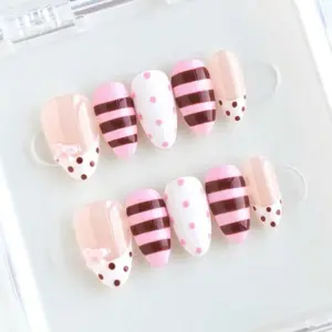 Pink Brown and White Striped Polka Dot Press On Nails for Stylish Manicure