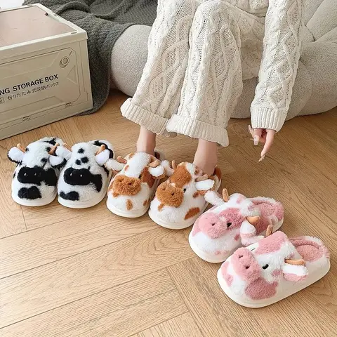 Cow Slippers for Women Fluffy Animal Print Slipper for Adults Winter Cartoon Fuzzy Cute Bedroom House Shoes with Memory Foam for Indoor Outdoor Thick Cozy Kawaii Slides