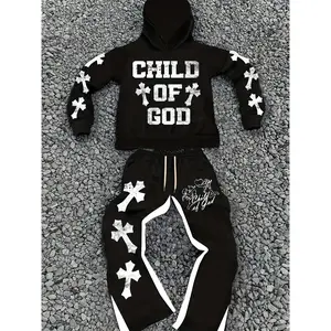 Men's casual fashion "Youngsters OF GOD" printed hoodie and sweatpants set - polyester, machine washable, black with white cross design, ideal for fall and winter leisure, oversized hoodie