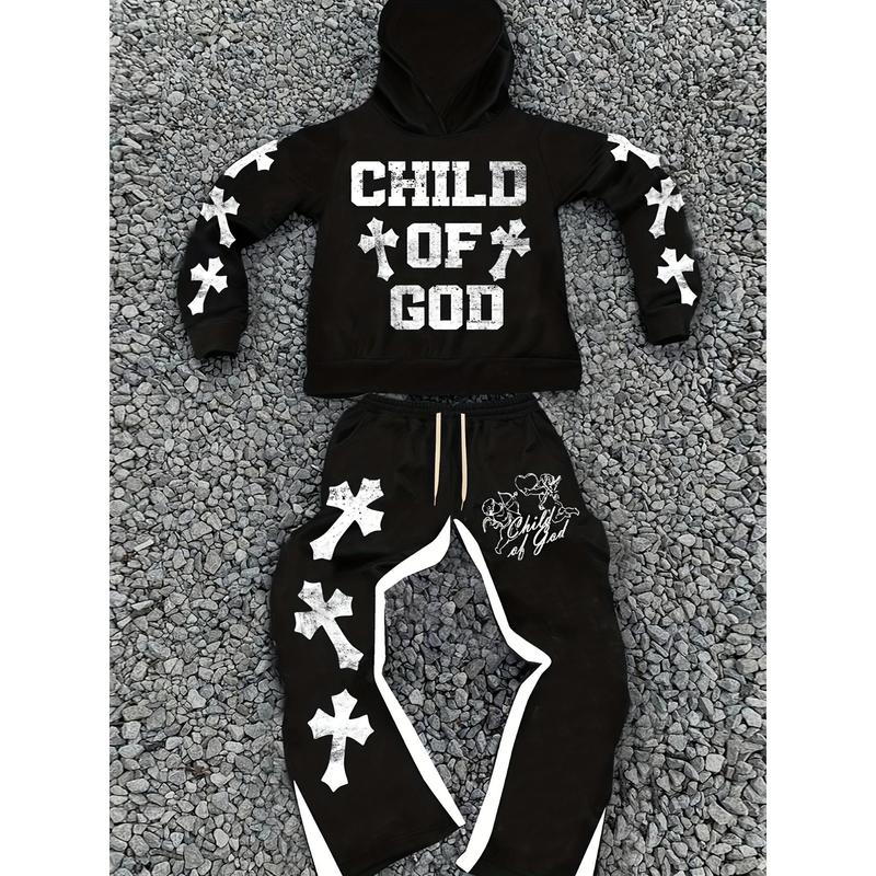 Men's casual fashion "Youngsters OF GOD" printed hoodie and sweatpants set - polyester, machine washable, black with white cross design, ideal for fall and winter leisure, oversized hoodie