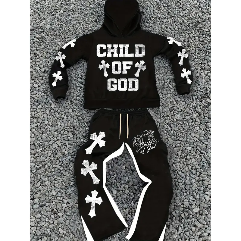 Men's casual fashion "Youngsters OF GOD" printed hoodie and sweatpants set - polyester, machine washable, black with white cross design, ideal for fall and winter leisure, oversized hoodie