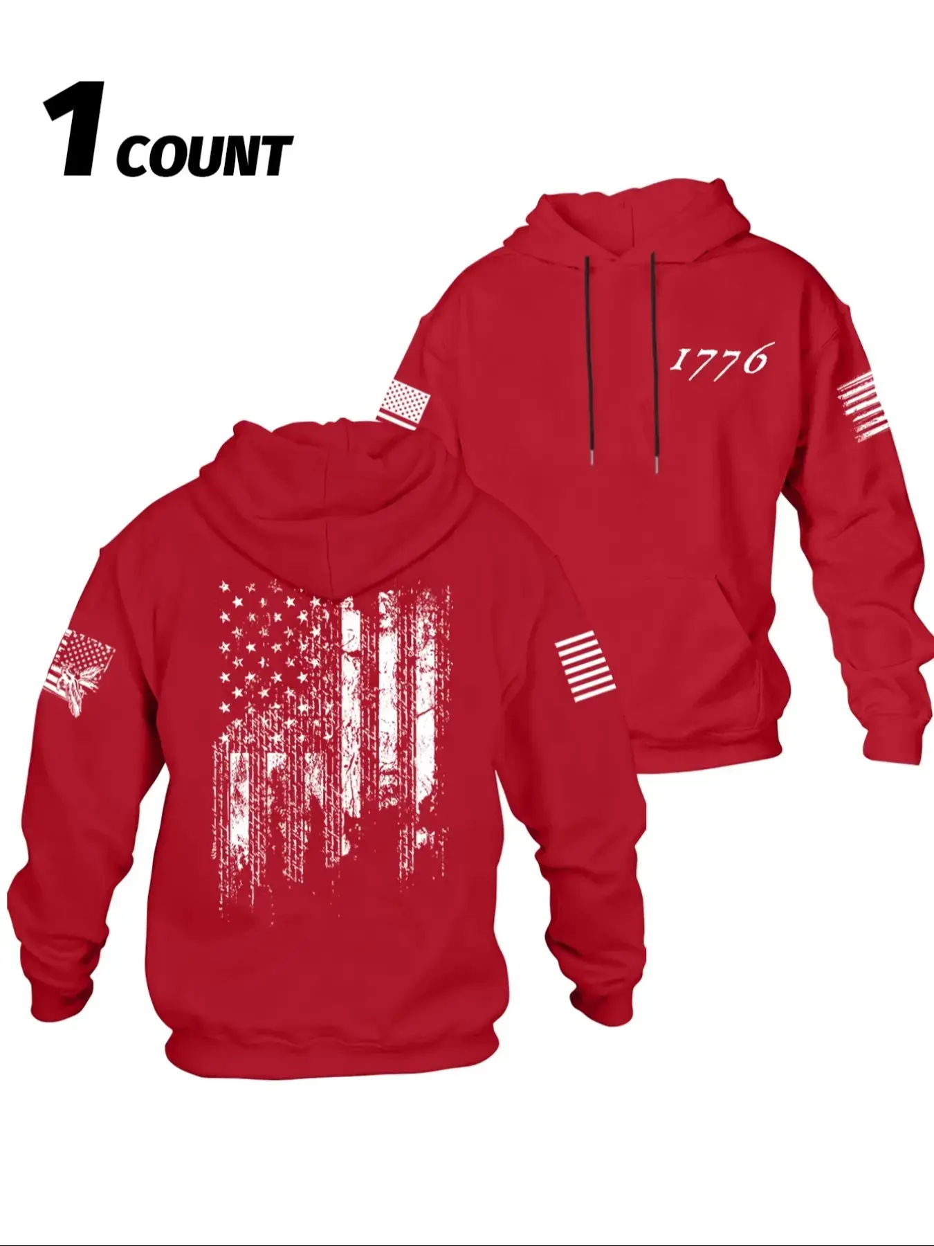 Men's Fall Winter Hooded Knit Sweatshirt, Graphic Flag Print Design, Chest Pocket & Drawstring, Long Sleeve Loose Fit Casual Wear, Elastic