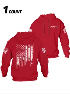 Men's Fall Winter Hooded Sweatshirt, Graphic Flag Print Design, Chest Pocket & Drawstring, Long Sleeve Loose Fit Casual Wear