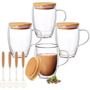 4 Pack 12oz Double Walled Glass Coffee Mugs with  Lid/Spoon, Clear Coffee Cups and Mugs Set of 4, Cappuccino Latte Glasses Cups, Espresso Mug Cups for Latte, Hot/Cold Drink