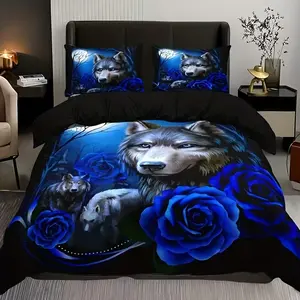 3pcs Fashion Dark Rose Floral Wolf HD Digital Print Bedroom Bedding Set, Includes Duvet Cover and Pillowcases, Polyester Fabric