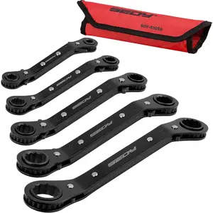Swiilpo Ratchet Box Wrench SAE Set - 5-Piece Ratcheting Head Reversible Double Offset Wrenches Socket Spanner Tool Adjustable Direction Box End Universal Stubby Handle Angle HeadQuesear