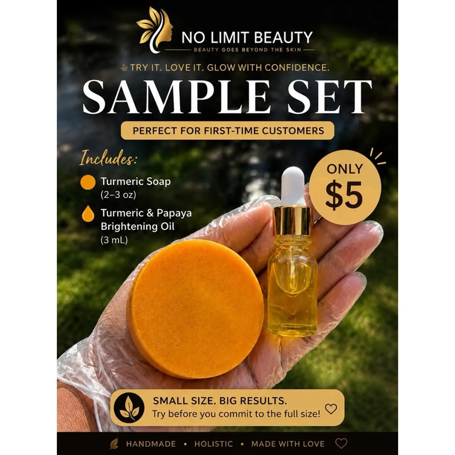 No Limit Beauty Turmeric Soap & Papaya Brightening Oil Sample Set - Handmade Holistic Skincare for First-Time Customers