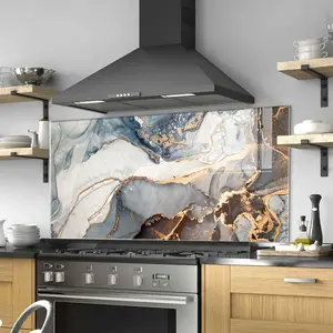 GCKG Luxury abstract fluid painting mixture dark blue gray gold paints Tempered Glass Kitchen Backsplash, Stove Back Cover, Stove Splashback, Cutting Board, Kitchen Wall Decor