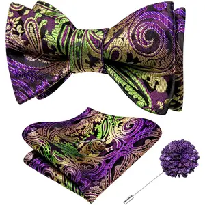 Self Tie Bow Ties and Lapel Pin for Men Paisley Solid Mens Bowtie and Handkerchief Cufflinks Set Wedding