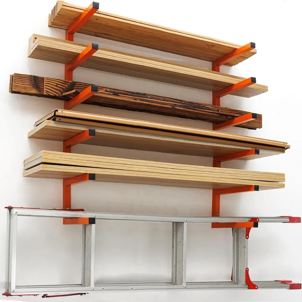 Powder Coated 4-Pack Heavy Duty Steel Lumber Storage Racks - Wall-Mounted Metal Wood Organizers with 6-Level Shelves, 200 Lbs Per Shelf Capacity, Home Decor for Indoor & Outdoor Use