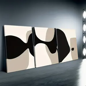 2D Flat Framed Canvas Art Set of 3 Pieces, Modern Minimalist Neutral Style in Black and Beige Abstract Art, Suitable for Living Room, Dormitory Wall Decor, Cafe and Bar Decoration