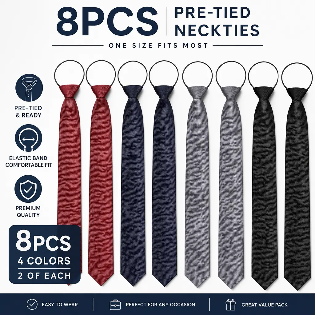 8-Pack Great Value Zipper Ties for Men - Adjustable Zip-On Neckties, Skinny Clip-On Design, No-Tying Easy Wear - Ideal for Work, Travel, Great Value Pack, Plain Ties, Polyester