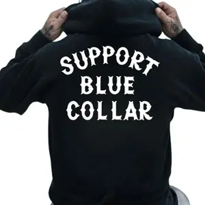Men's Letter Support Blue Collar Hoodie, Back Side Printed Streetwear, Workwear Shirt, Trendy Mechanic Apparel, Blue Collar Hoodie, Gift For Workers