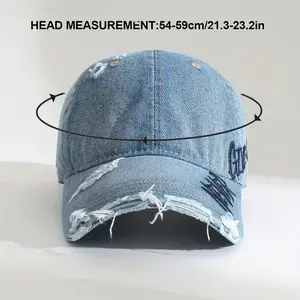 Viral Vintage Distressed Denim Baseball Cap, Oversized Ripped Blue Unisex Retro Grunge Hat with Embroidered Letter, Adjustable for Festival & Everyday Chic Looks, Reusable Bag Included
