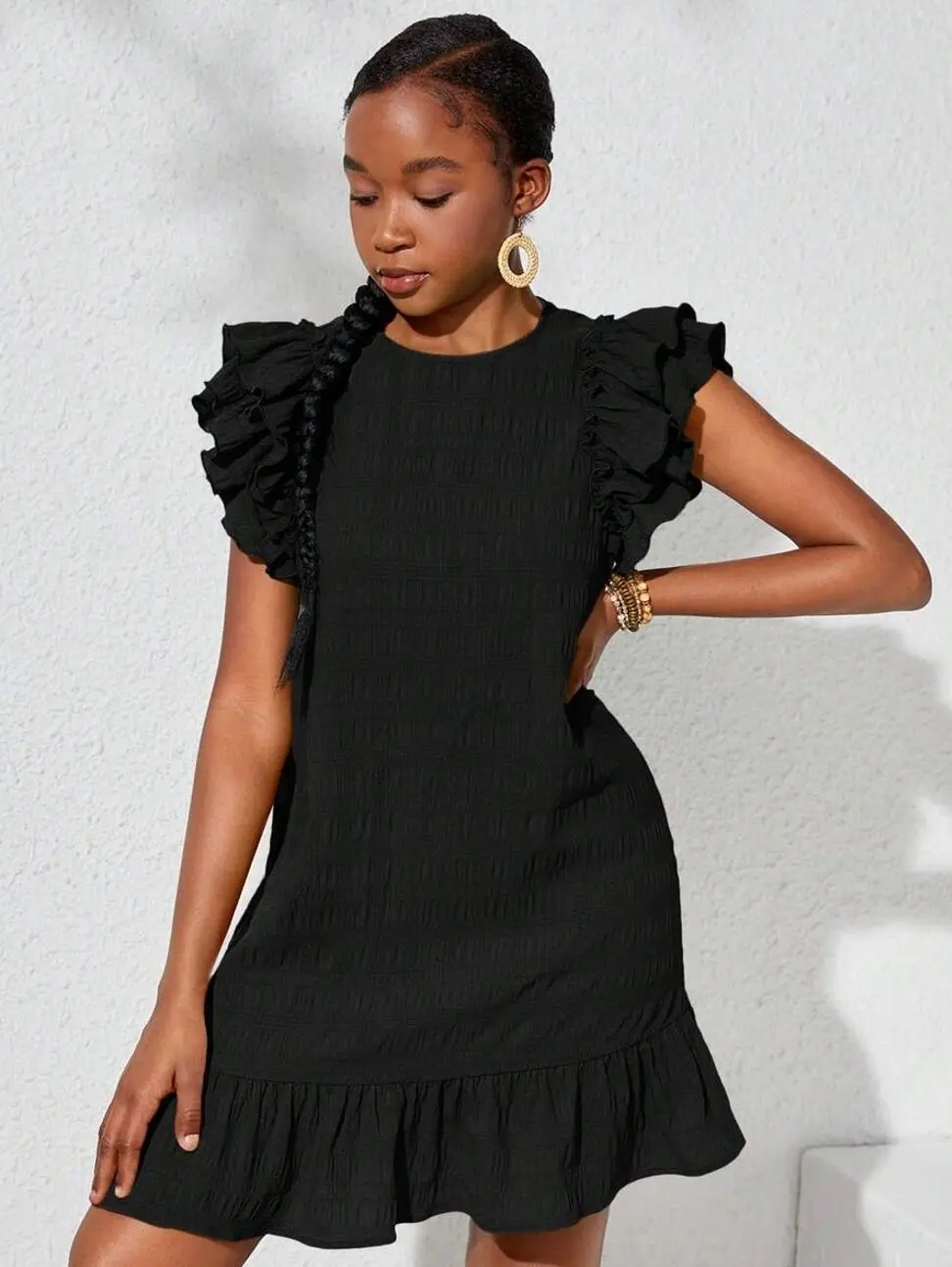 Girls Solid Color Jacquard Ruffle Sleeve Dress, Casual Summer Midi Party Outfit for Teens