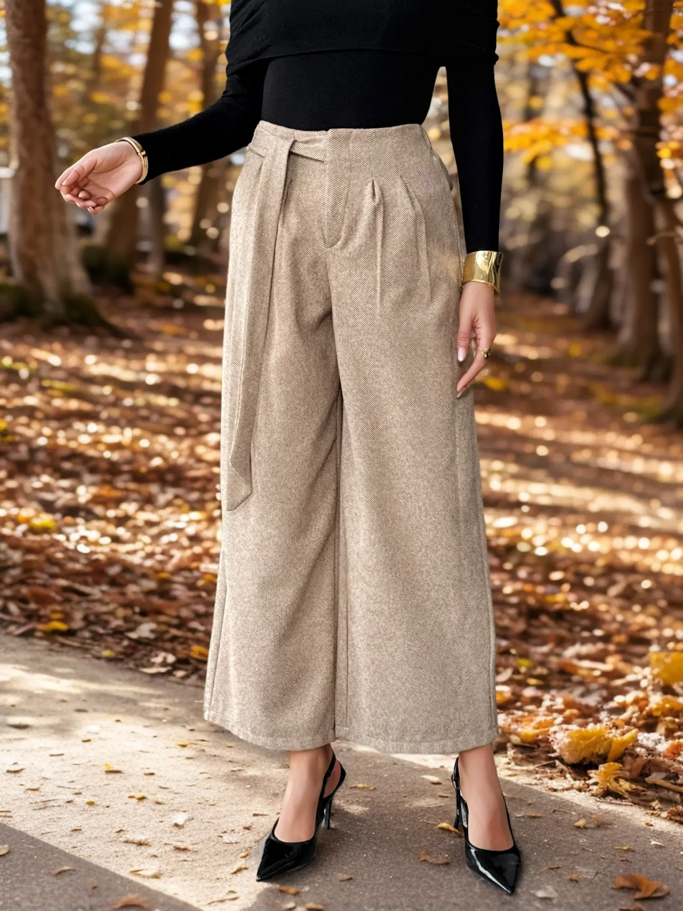 Autumn Winter Vintage Revival! Khaki Wool Wide-Leg Pants, Effortlessly Achieve British Office Elegance Autumn Winter Wardrobe Must-Have! Wool High-Waist Wide-Leg Pants, Freely Switch Styles for Office & Daily Life Autumn Winter American Retro Street Style