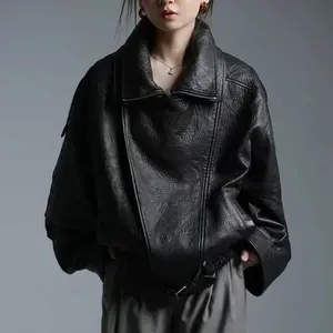 Women's American Retro Sheepskin Bubble Leather Double Lapel Loose Locomotive Jacket
