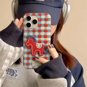 Red and Blue Contrast Grid | 3D Embroidery Pony | New Year Gift | Suitable for iPhone 11 12 13 14 15 16 17 Pro Max