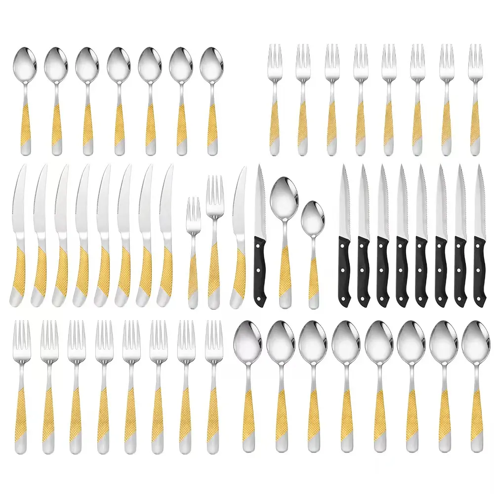 48-Piece Silverware Set, Luxury Gold Silverware Kitchen Flatware Sets Service for 8, Premium Cutlery Utensil Set with Dinner Knife Spoon Fork Set, Durable Stainless Steel Tableware Sets Dinnerware