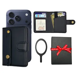 Magnetic Phone Card Holder for iPhone 17/16/15/14/13/12 Pro Max Plus, Rfid Shield, Holds 5 Cards, Finger Loop, Stand Function, Leather, Gift Box