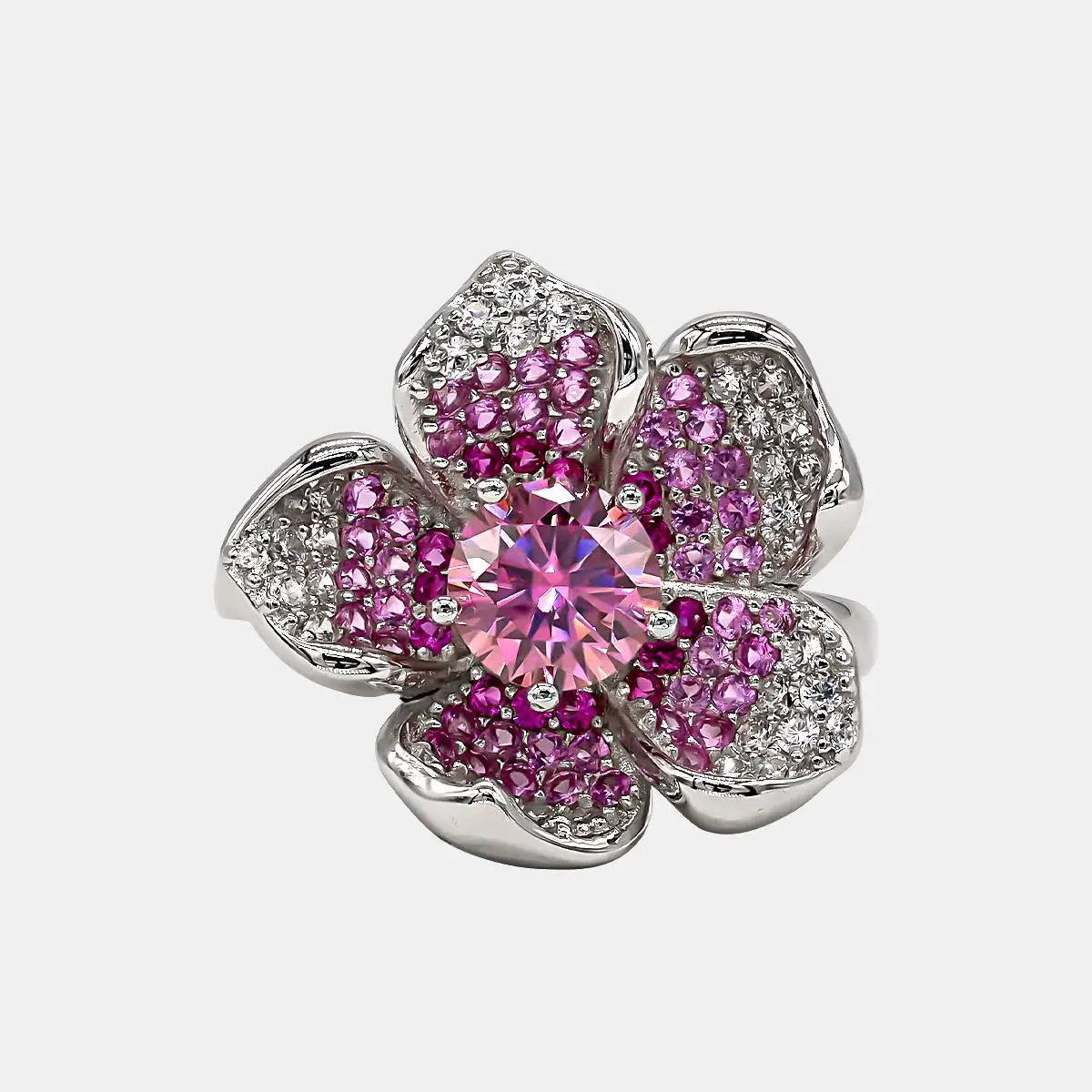 【732】"Springtime Symphony" Flower Gradient Cluster 1 Carat Pink Synthetic Moissanite Ring– Elegant and Vibrant Choice for Special Occasions