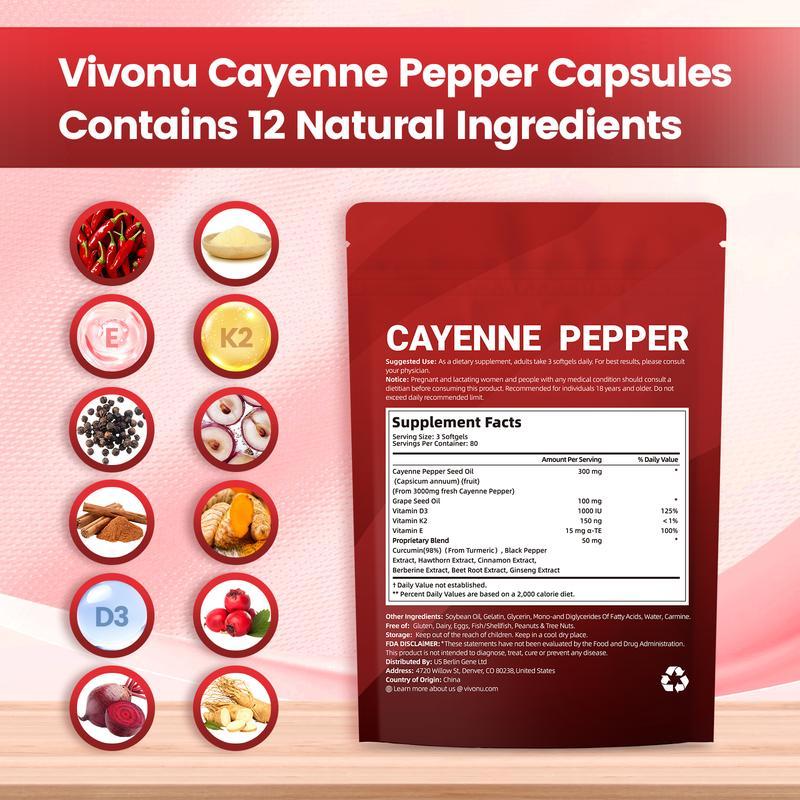 Cayenne Pepper Softgels for Circulation & Vitality | with Vitamins D3 K2, Beetroot & Hawthorn Extracts | Plant-Based, Non-GMO